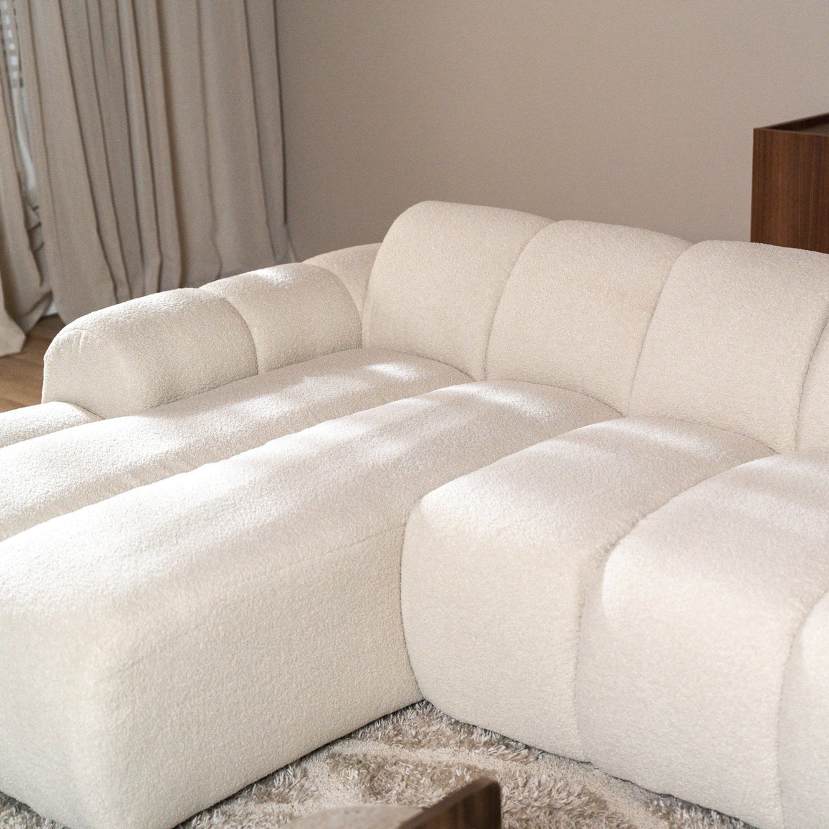 Sofás-Sofá rinconera con salón tela bouclé beige - rayas - izquierda - Brix-Dimehouse