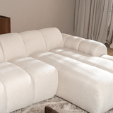 Sofás-Sofá rinconera con salón en tejido bouclé beige - rayas - derecha - Brix-Dimehouse