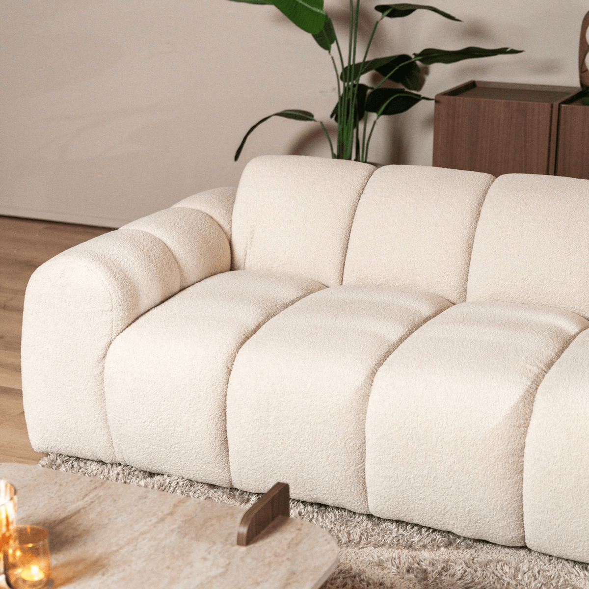 Sofás-Sofá rinconera con salón en tejido bouclé beige - rayas - derecha - Brix-Dimehouse