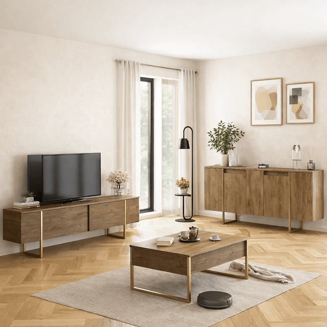 Meubelsets - Meubelset Walnoot Luxe - Salontafel + TV Meubel + Dressoir - Gouden Frame - Dimehouse