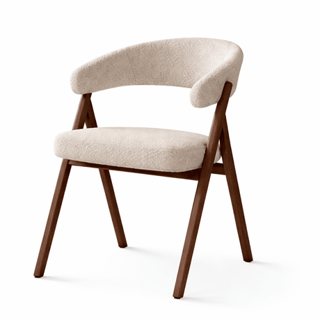 Silla de comedor Japandi bouclé color arena Miyu - estructura de nogal - con reposabrazos