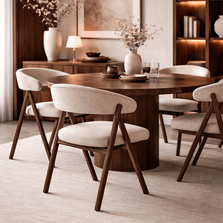 Silla de comedor Japandi bouclé color arena Miyu - estructura de nogal - con reposabrazos