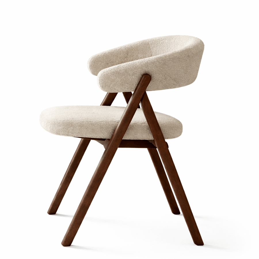 Silla de comedor Japandi bouclé color arena Miyu - estructura de nogal - con reposabrazos