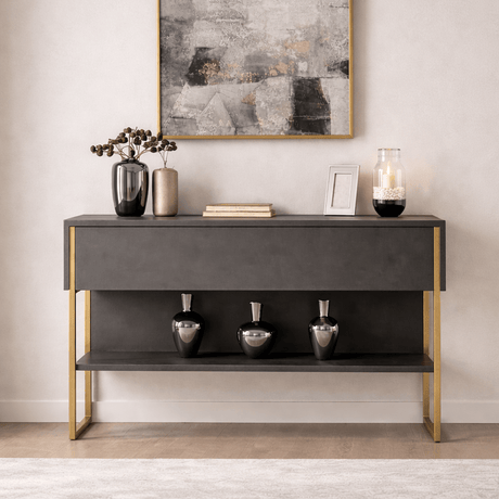 Moderno Aparador Antracita Lujo 120x80x30 - Marco Dorado - Un Compartimento 