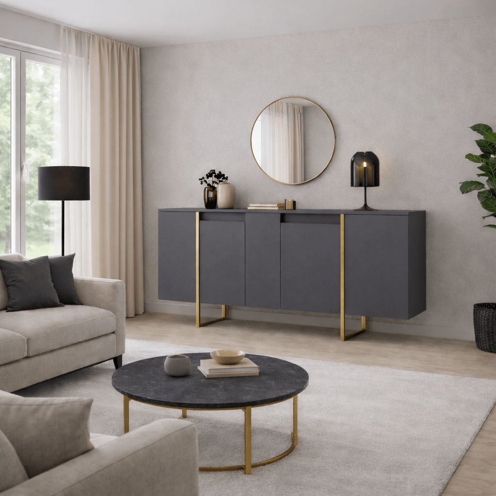 Dressoirs - Modern Dressoir Antraciet Luxe 160x80x35 - Gouden Frame - Dimehouse