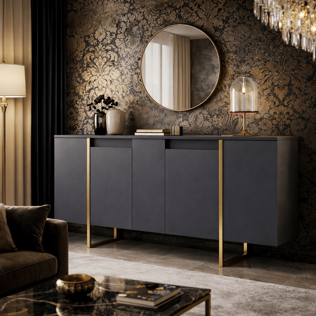 Dressoirs - Modern Dressoir Antraciet Luxe 160x80x35 - Gouden Frame - Dimehouse