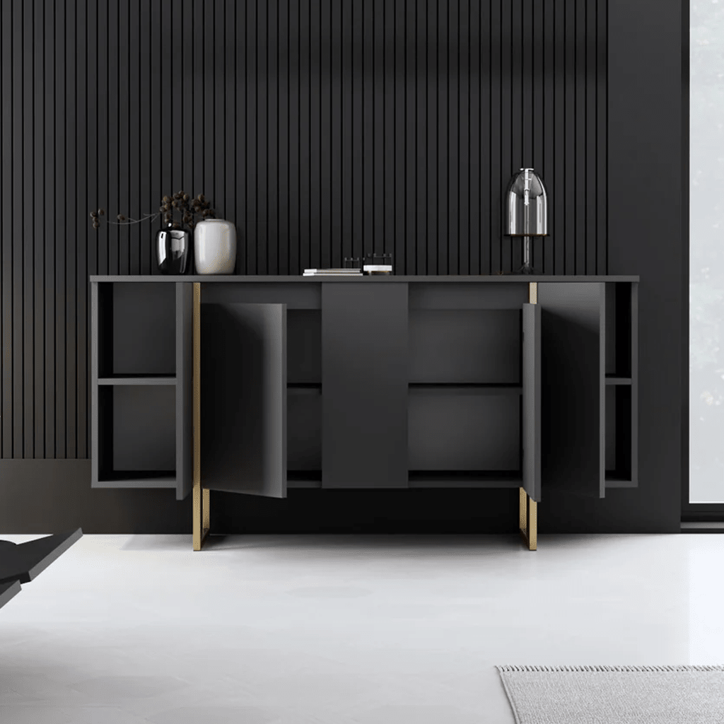 Dressoirs - Modern Dressoir Antraciet Luxe 160x80x35 - Gouden Frame - Dimehouse