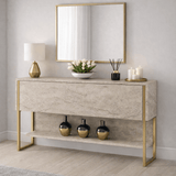 Dressoirs - Modern Dressoir Travertin Luxe 120x80x30 - Gouden Frame - Eén Vak - Dimehouse
