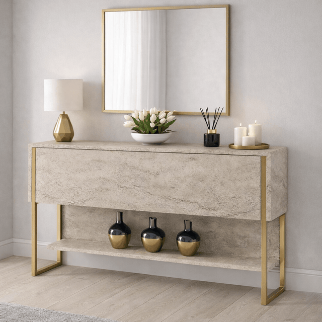 Dressoirs - Modern Dressoir Travertin Luxe 120x80x30 - Gouden Frame - Eén Vak - Dimehouse