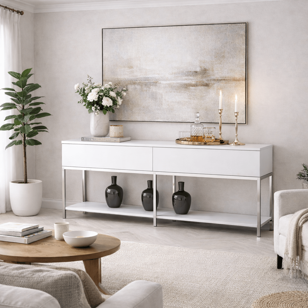 Dressoirs - Modern Dressoir Wit Lord 150x30x80 - Zilver Frame - Twee Vakken - Dimehouse
