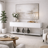 Dressoirs - Modern Dressoir Wit Lord 150x30x80 - Zilver Frame - Twee Vakken - Dimehouse