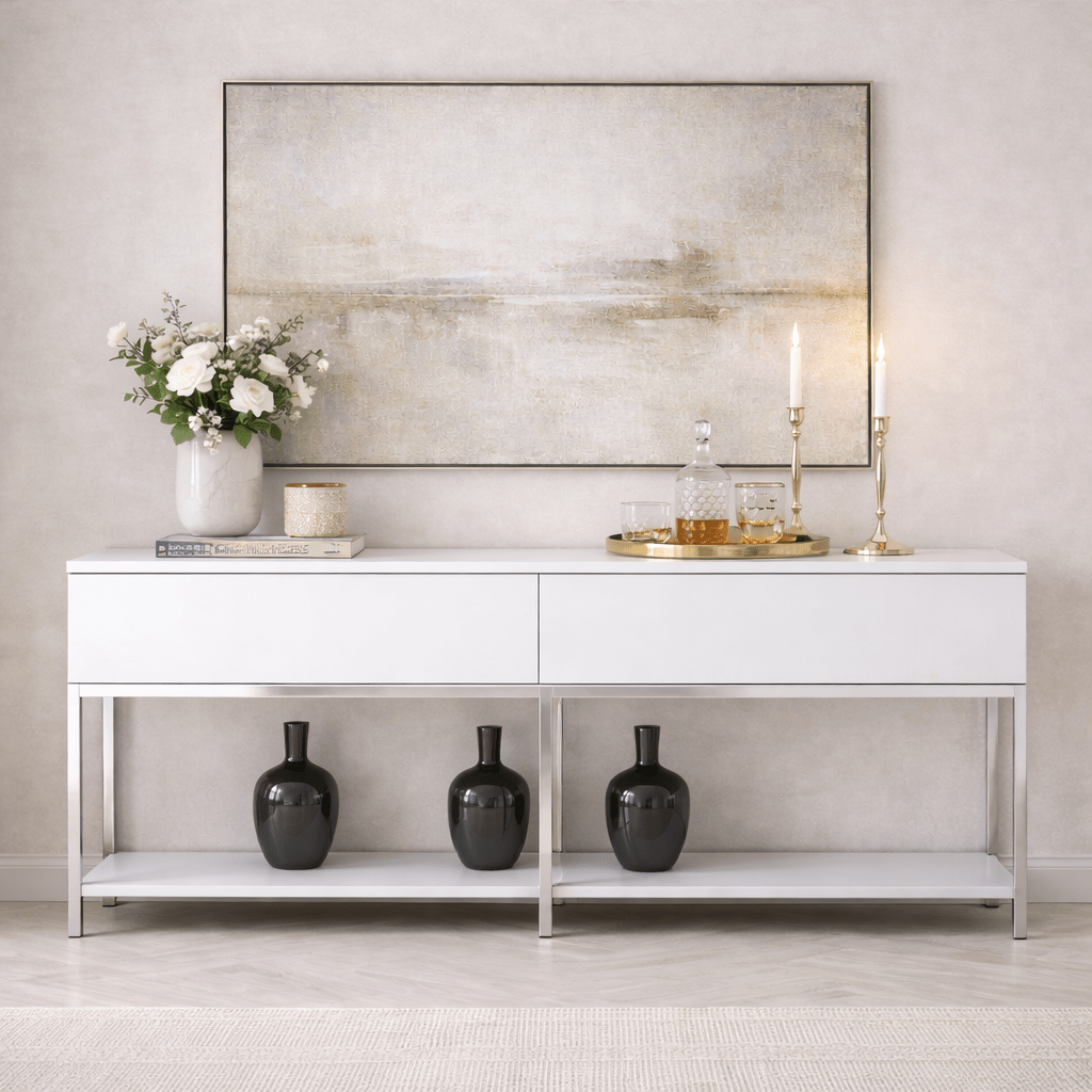 Dressoirs - Modern Dressoir Wit Lord 150x30x80 - Zilver Frame - Twee Vakken - Dimehouse