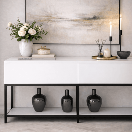 Cómoda-moderna-White-Lord-150x30x80---Marco-negro---Dos-compartimentos