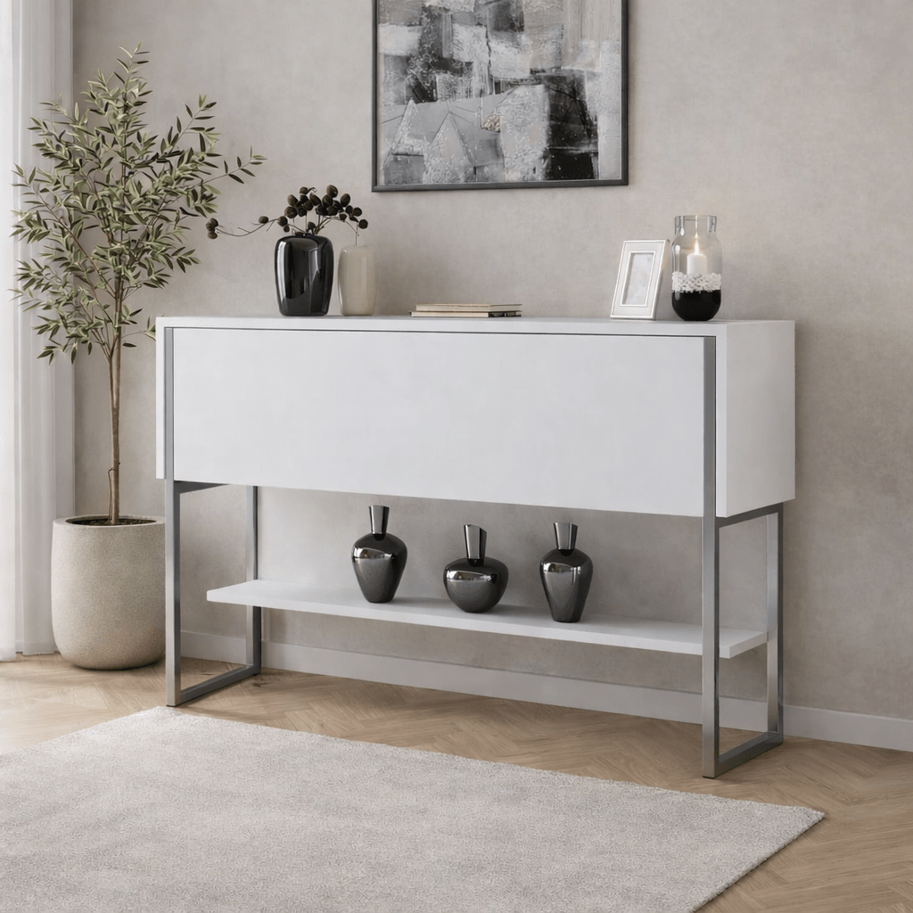 Dressoirs - Modern Dressoir Wit Luxe 120x80x30 - Zilver Frame - Eén Vak - Dimehouse