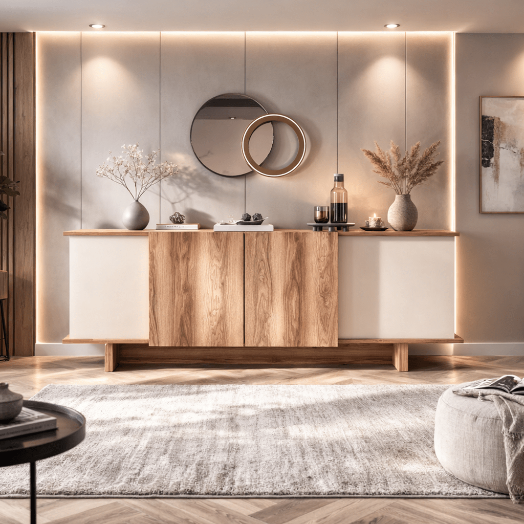 Aparador moderno de melamina Diana, aspecto arena y nogal, 180 cm