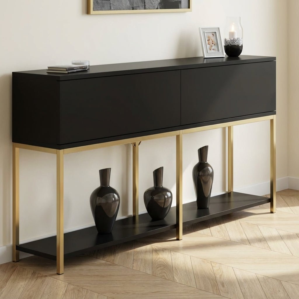 Aparador moderno Black Lord 150x30x80 - Marco dorado - Foto atmosférica de dos compartimentos en un interior moderno