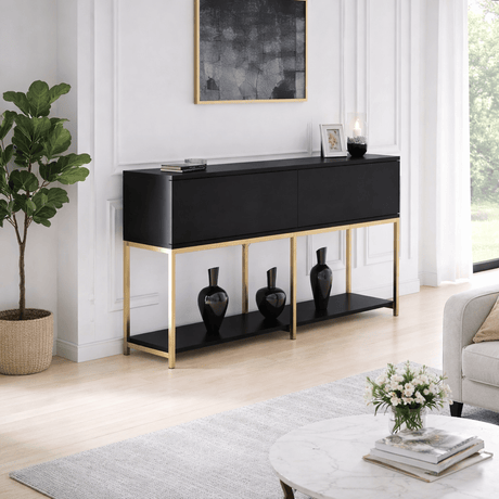 Cómoda-Moderna-Black-Lord-150x30x80---Marco-Dorado---Dos-Compartimentos
