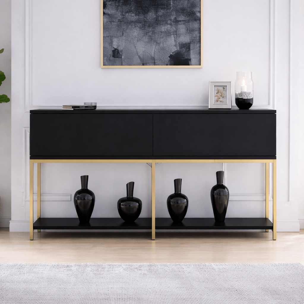Dressoirs - Modern Dressoir Zwart Lord 150x30x80 - Gouden Frame - Twee Vakken - Dimehouse