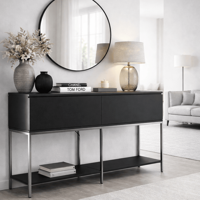 Dressoirs - Modern Dressoir Zwart Lord 150x30x80 - Zilver Frame - Twee Vakken - Dimehouse