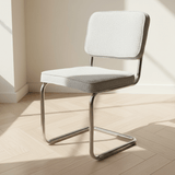 Silla de comedor moderna en tela bouclé gris - Estructura cromada - Sin reposabrazos