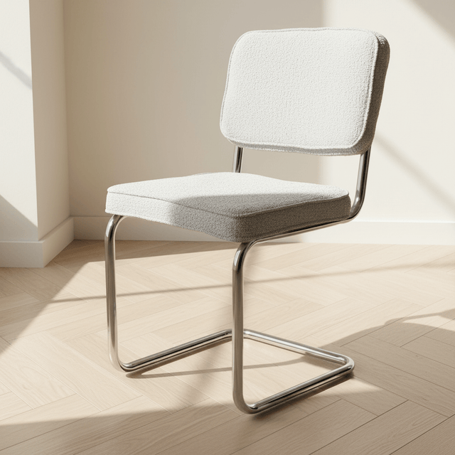Silla de comedor moderna en tela bouclé gris - Estructura cromada - Sin reposabrazos