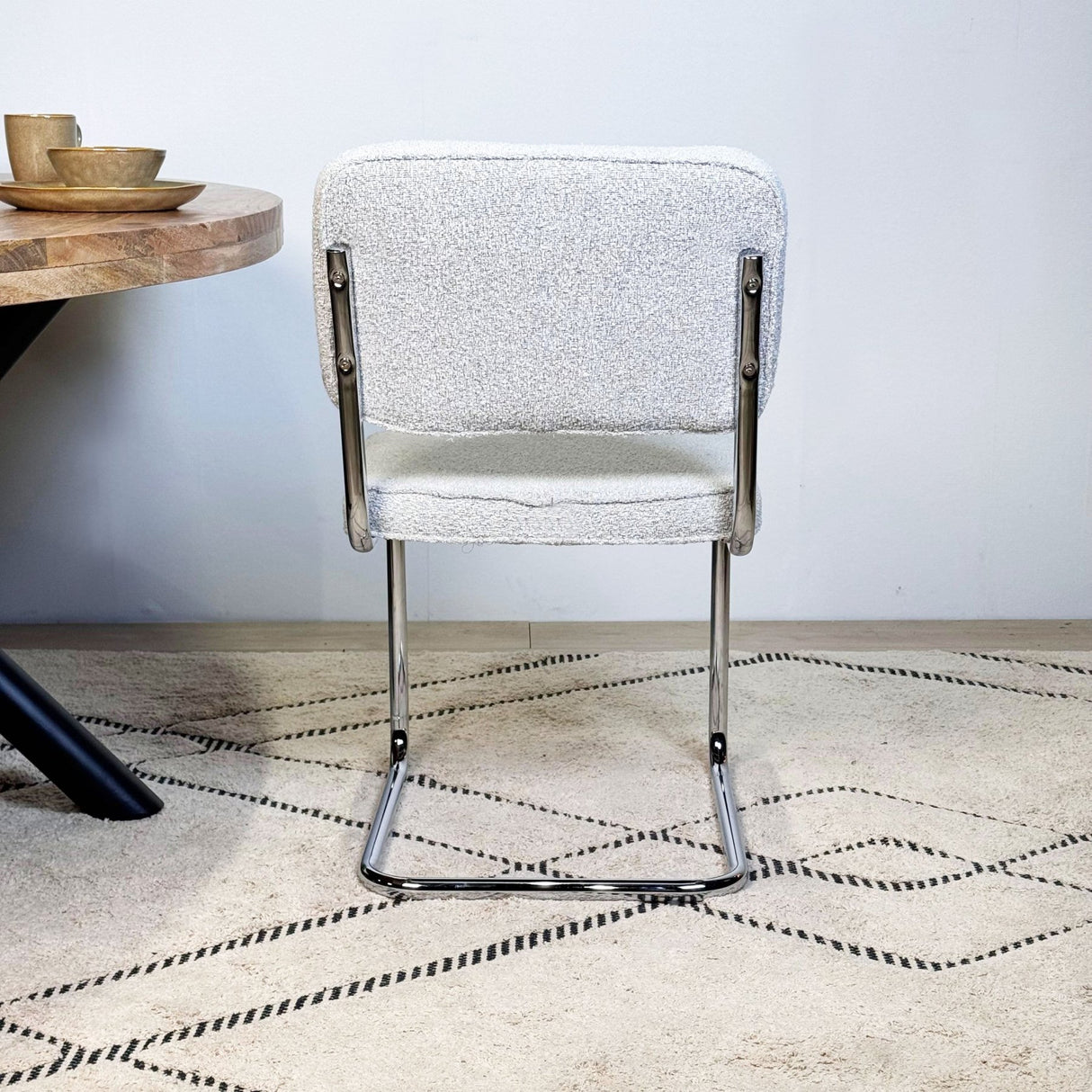 Eetkamerstoelen - Moderne Eetkamerstoel Grijs Bouclé Stof Sway - Chrome Frame - Zonder Armleuningen - Dimehouse