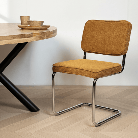 Silla de Comedor Moderna de Tela Bouclé Cobre Sway - Estructura Cromada - Sin Reposabrazos