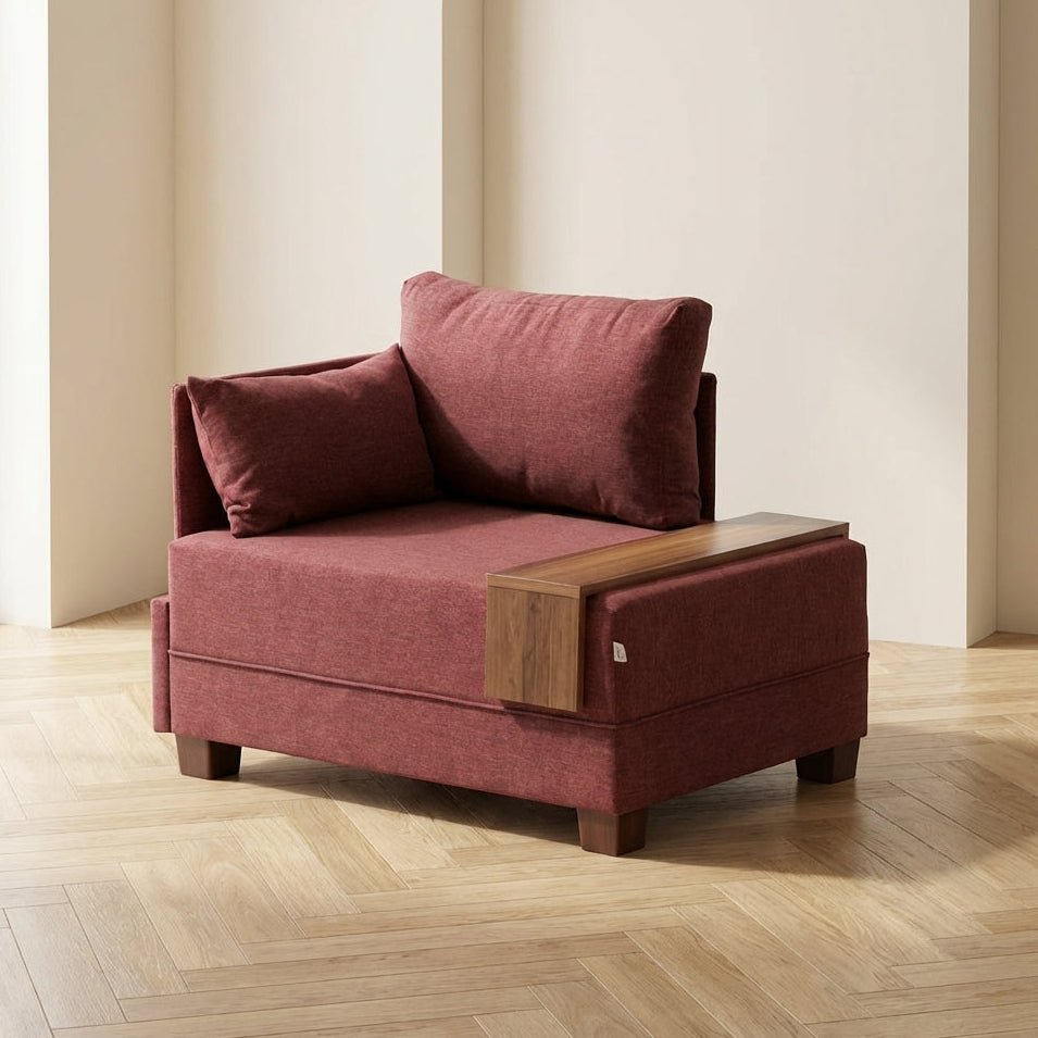 Sillón moderno de tela roja burdeos Fly - Izquierda - Con mesa de madera Fotografía atmosférica en un interior moderno