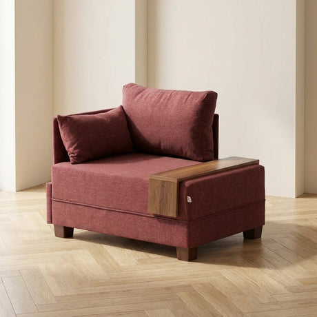 Sillón moderno de tela roja burdeos Fly - Izquierda - Con mesa de madera Fotografía atmosférica en un interior moderno
