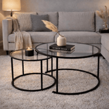 Salontafels - Moderne Ronde Salontafel Set van 2 Uru Zwart - Transparant Glas - 80/60 cm - Dimehouse