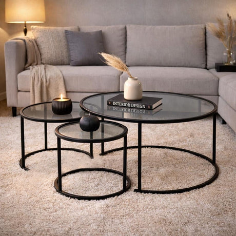 Salontafels - Moderne Salontafel Set van 3 Uru Zwart - Grijs Glas - 80/60/42 cm - Dimehouse