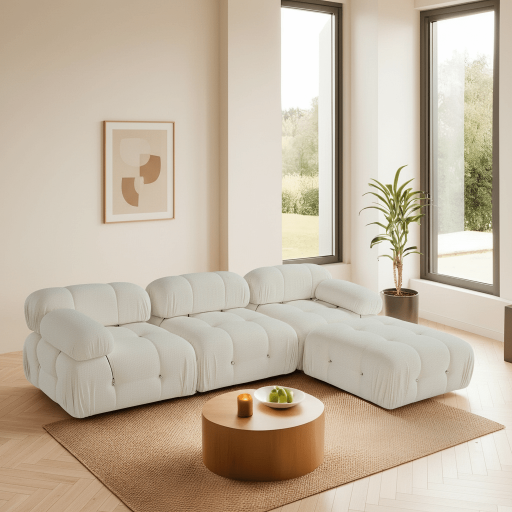 Sofá esquinero modular XXL Bubble con otomana - bouclé blanco