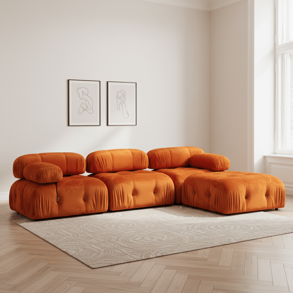 Sofá esquinero modular XXL Bubble con otomana - terciopelo naranja