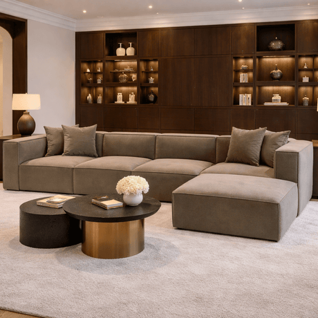 Sofá modular en esquina XXL de lino marrón de 430 cm de ancho Sora