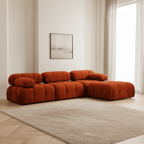 Sofá esquinero modular XXL con otomana Tela Bubble rojo naranja