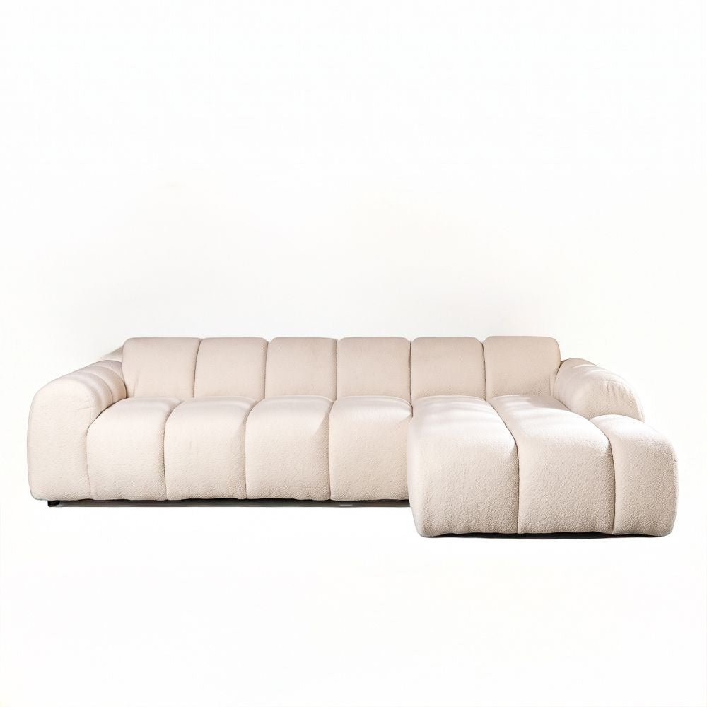 Sofás-Sofá rinconera con salón en tejido bouclé beige - rayas - derecha - Brix-Dimehouse