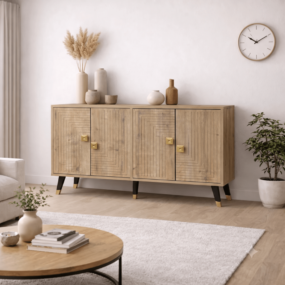 Aparador-Aparador moderno aspecto roble zafiro-oro 120 cm melamina Ahart-Dimehouse