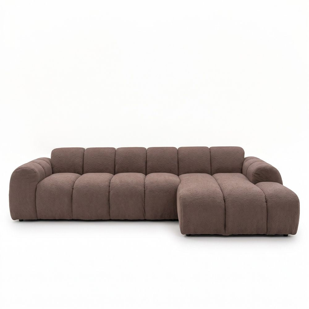 Sofás-Sofá rinconera con salón en suave tela bouclé marrón - rayas - derecha - Brix-Dimehouse