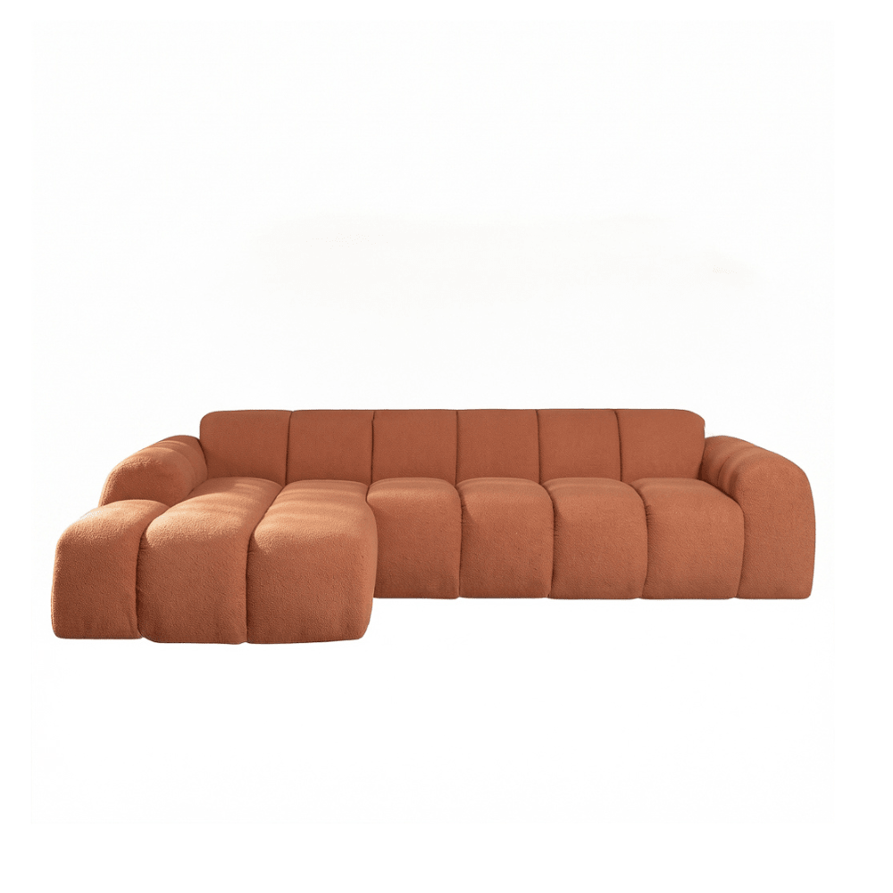 Sofás-Sofá rinconera con salón tejido bouclé cobre - rayas - izquierda - Brix-Dimehouse
