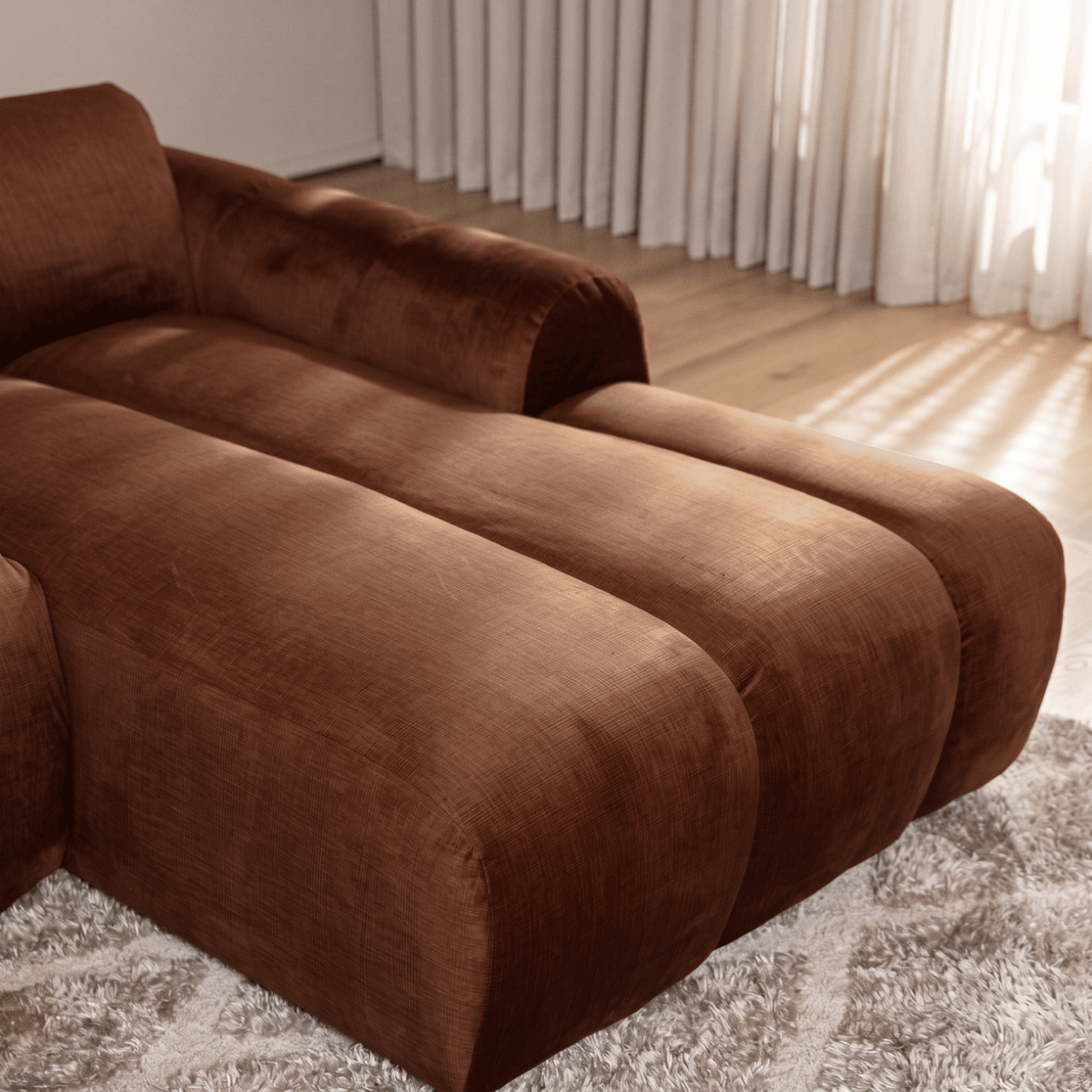 Sofás-Sofá rinconera con salón tejido textura terciopelo cobre - rayas - derecha - Brix -Dimehouse