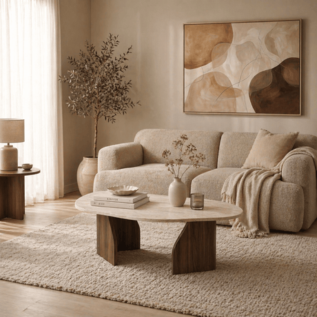 Mesa de salón orgánica de nogal con estante de melamina - 105x65 cm 