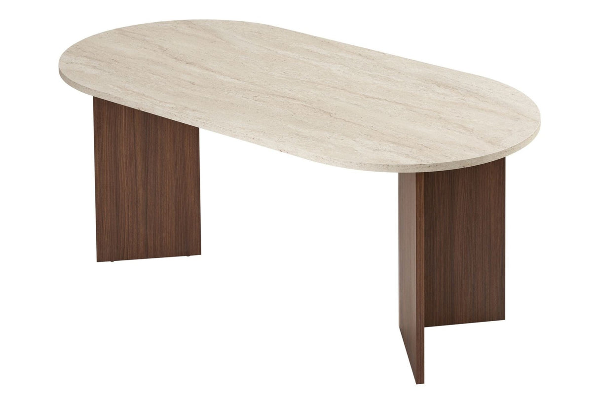 Mesa de comedor ovalada con tapa de travertino - melamina nogal - 180x89,5x75 cm - Sota