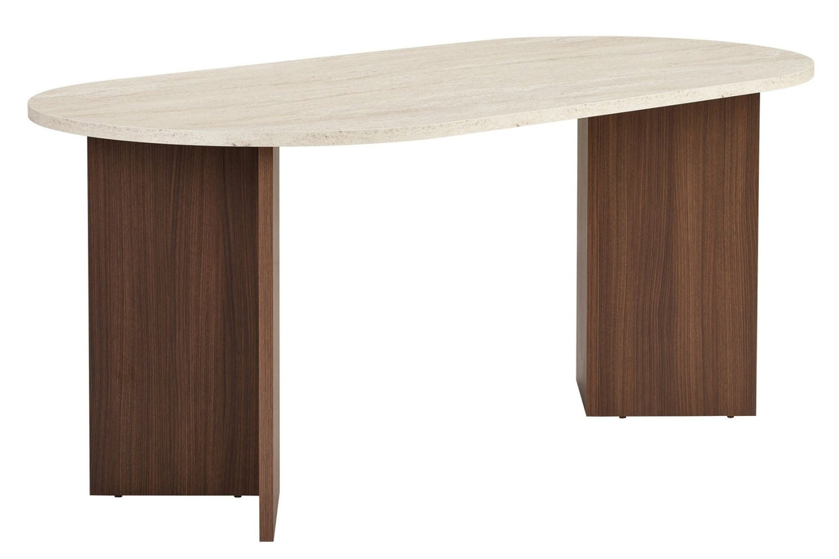 Mesa de comedor ovalada con tapa de travertino - melamina nogal - 180x89,5x75 cm - Sota