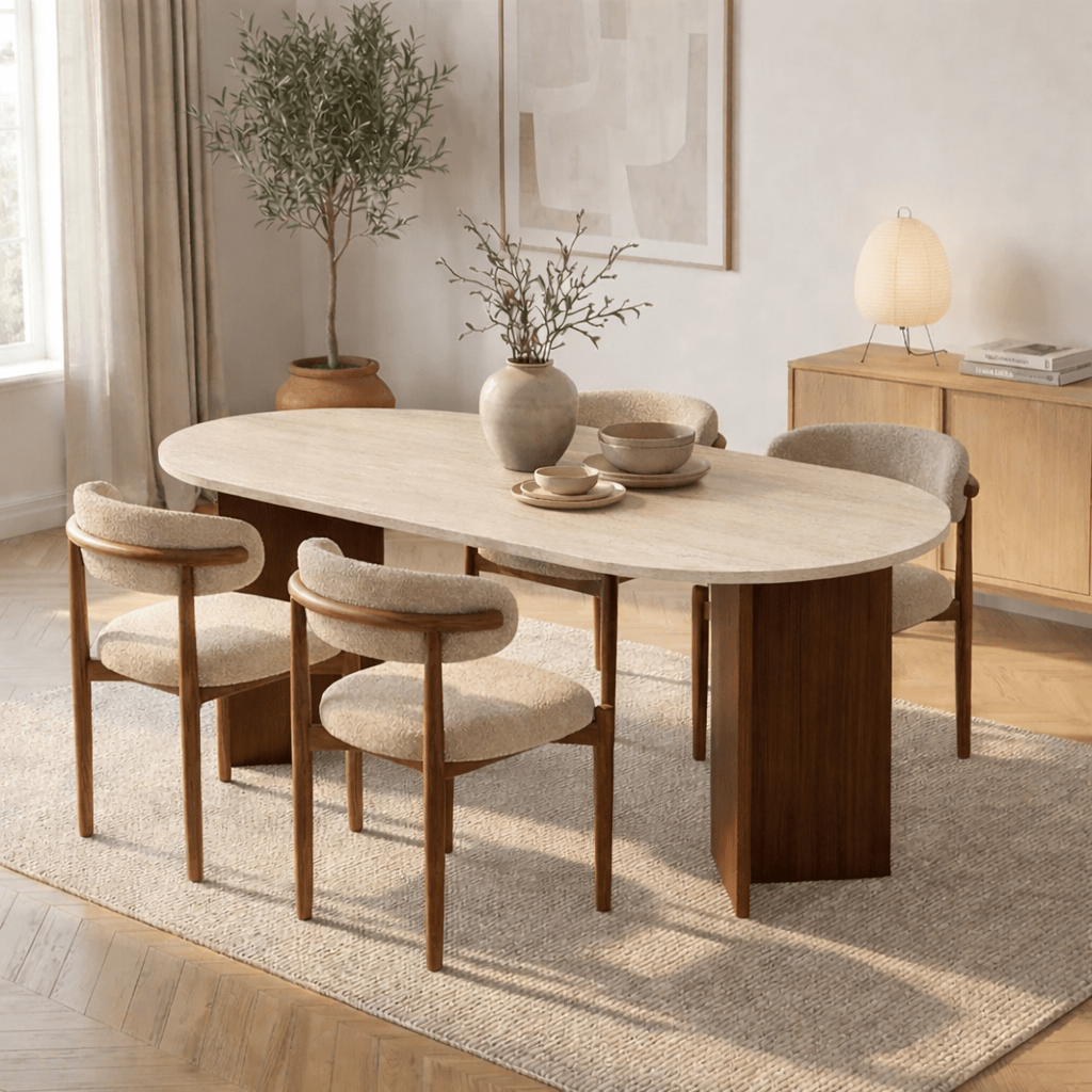 Mesa de comedor ovalada con tapa de travertino - melamina nogal - 180x89,5x75 cm - Sota