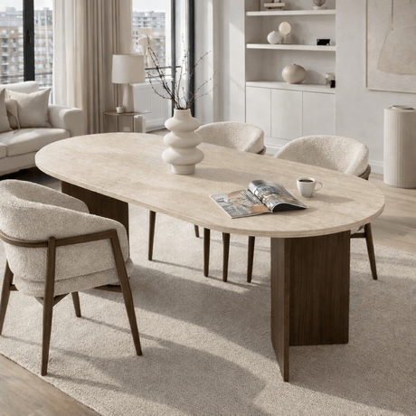 Mesa de comedor ovalada con tapa de travertino - melamina nogal - 180x89,5x75 cm - Sota
