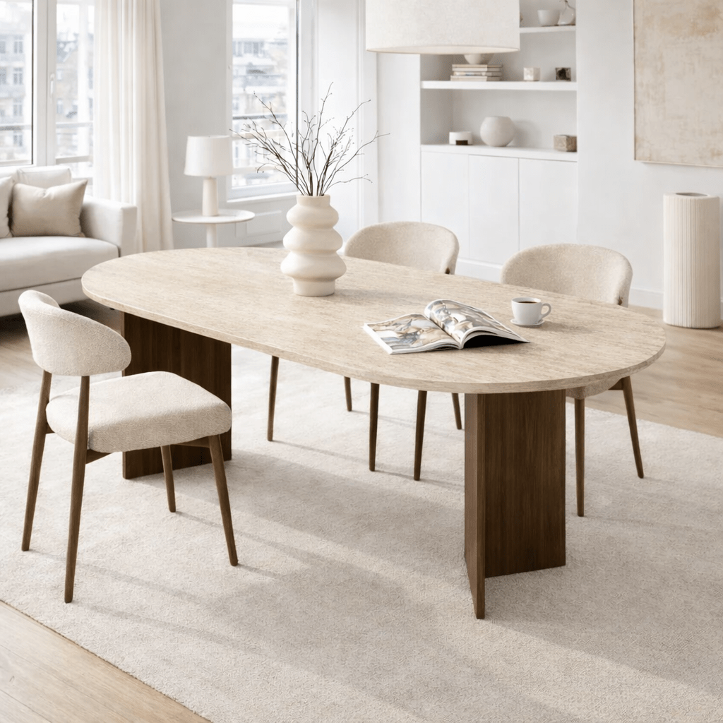 Mesa de comedor ovalada con tapa de travertino - melamina nogal - 180x89,5x75 cm - Sota