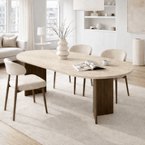 Mesa de comedor ovalada con tapa de travertino - melamina nogal - 180x89,5x75 cm - Sota
