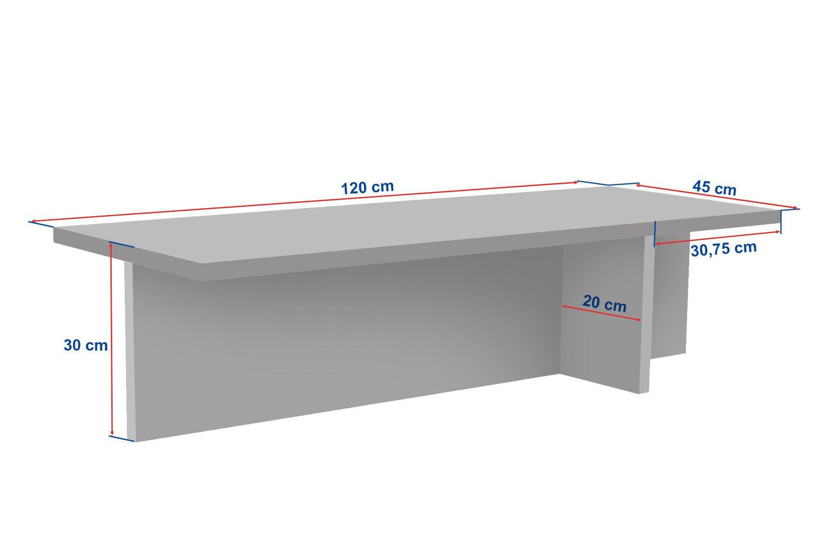 Fotografía en blanco con dimensiones de mesa de centro rectangular, tablero con aspecto de travertino y estructura con aspecto de nogal.