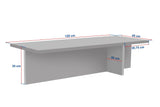Fotografía en blanco con dimensiones de mesa de centro rectangular, tablero con aspecto de travertino y estructura con aspecto de nogal.
