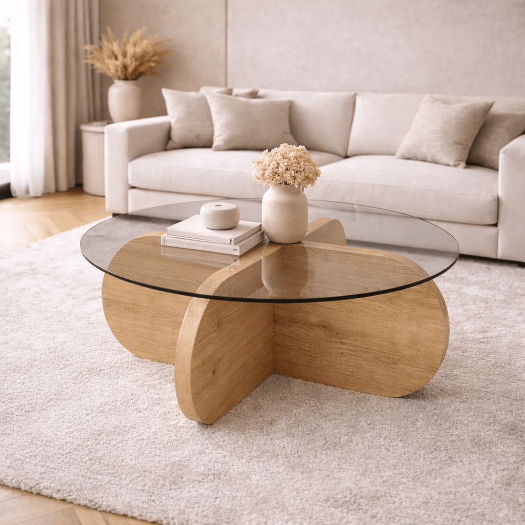 Mesa de salón Aris Redonda 75 cm Vidrio - Melamina de Roble 